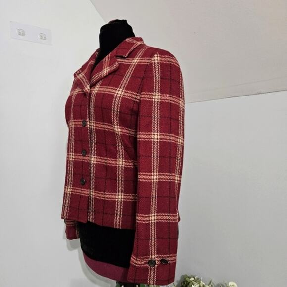 Lauren Ralph Lauren Plaid Zip and Button Closure Wool Red Cream and Black Blazer - Picture 4 of 15